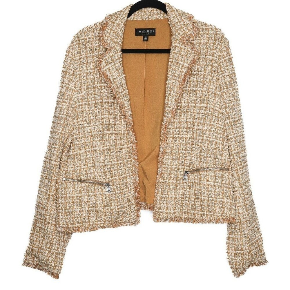 Laundry Shelly Segal Womens Tweed Blazer XL Yellow Fringe Frayed Office Brunch